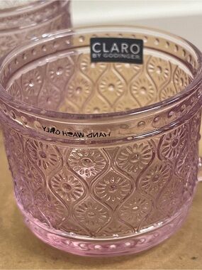 Claro by Godinger Pink Rose Embossed Glass Sandwich Tea Cups